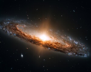 A spiral galaxy with a bright, glowing center and dusty arms stretched across the image, showcasing vibrant blue regions and dark lanes of cosmic dust