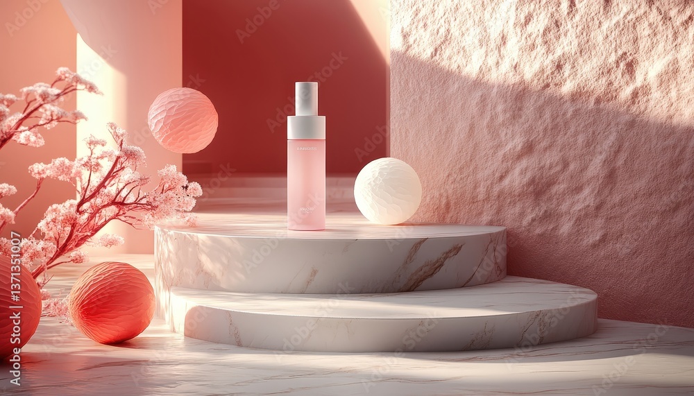 Poster Elegant display of cosmetic products on a circular pedestal surrounded by soft textures in a serene setting with natural light highlighting the scene