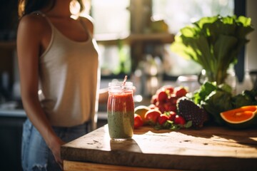 Close up of a smoothie in the real kitchen with body positive female person in the background