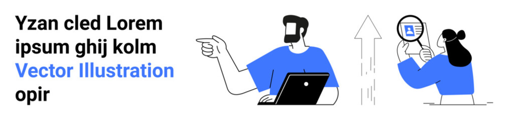 Male working on laptop, pointing at progress chart female examining report. Ideal for teamwork, productivity, analytics, guidance, research, growth monitoring, flat landing page banner