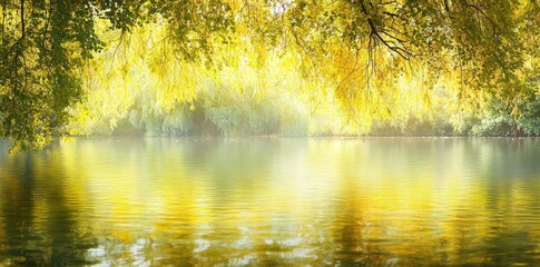 Fototapeta premium A serene landscape featuring a calm, reflective water body surrounded by lush, golden foliage under soft sunlight.