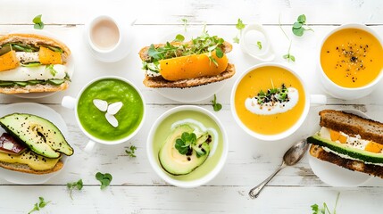 Healthy vegetarian brunch featuring soup and avocado sandwiches, showcasing fresh and wholesome ingredients