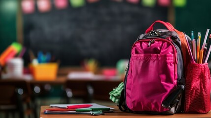 Colorful classroom scene with a pink backpack and supplies on a desk in front of a chalkboard