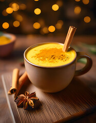 A cup of turmeric latte with spices, set against a warm, bokeh-lit background