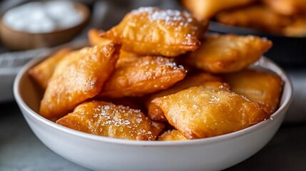 Fototapeta premium Nigerian chin chin fried sweet crunchy dough pieces served a white bowl zoomed out view