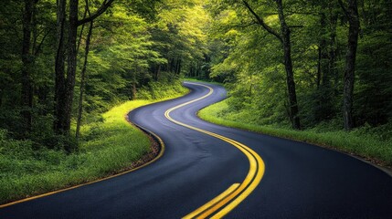 Fototapeta premium Winding road through lush green forests invites exploration and serenity on a tranquil journey beneath vibrant canopies