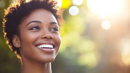 African American woman beams with joy, radiating warmth and confidence