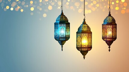 Obraz premium Three colorful lanterns hanging against a softly lit blurred background