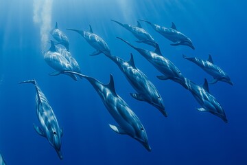 A school of dolphins swimming gracefully underwater in a clear blue ocean