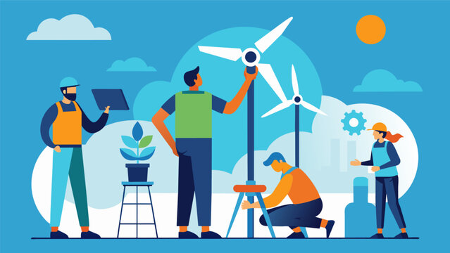 A handson training session where technicians are learning how to efficiently perform routine maintenance tasks on wind turbines.. Vector illustration