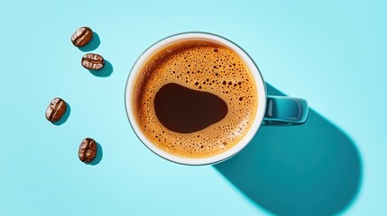 Espresso in a vibrant cup against a bright solid color backdrop, showcasing the rich crema and aromatic allure of freshly brewed coffee