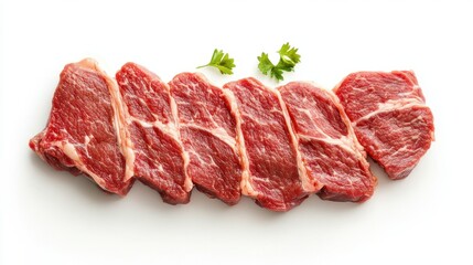 Fototapeta premium Freshly sliced raw beef steak ready for culinary uses, showcasing vibrant red meat and hints of marbling on a pristine white backdrop