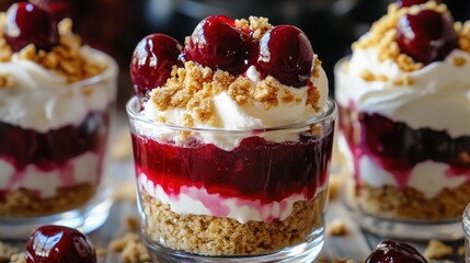 Delight in cherry cheesecake crunch cups that combine layers of creamy filling, crushed cookies, and juicy cherries for a no-bake dessert experience