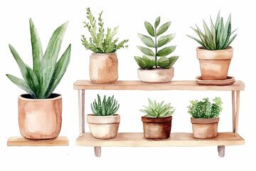 Watercolor Plants Arrangement on Wooden Shelf with Green Leaves Illustration