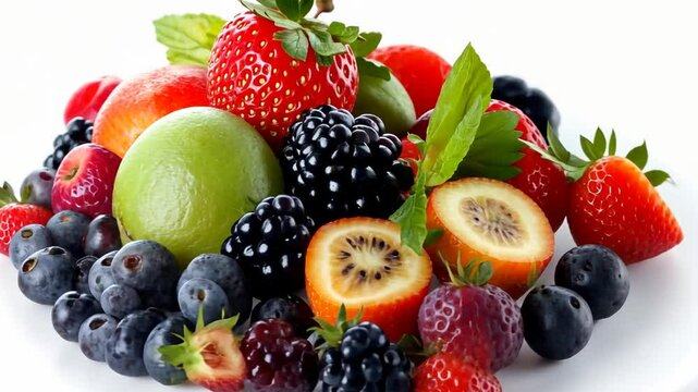 Fresh Ripe Fruits Arranged Beautifully on a White Background Generative AI