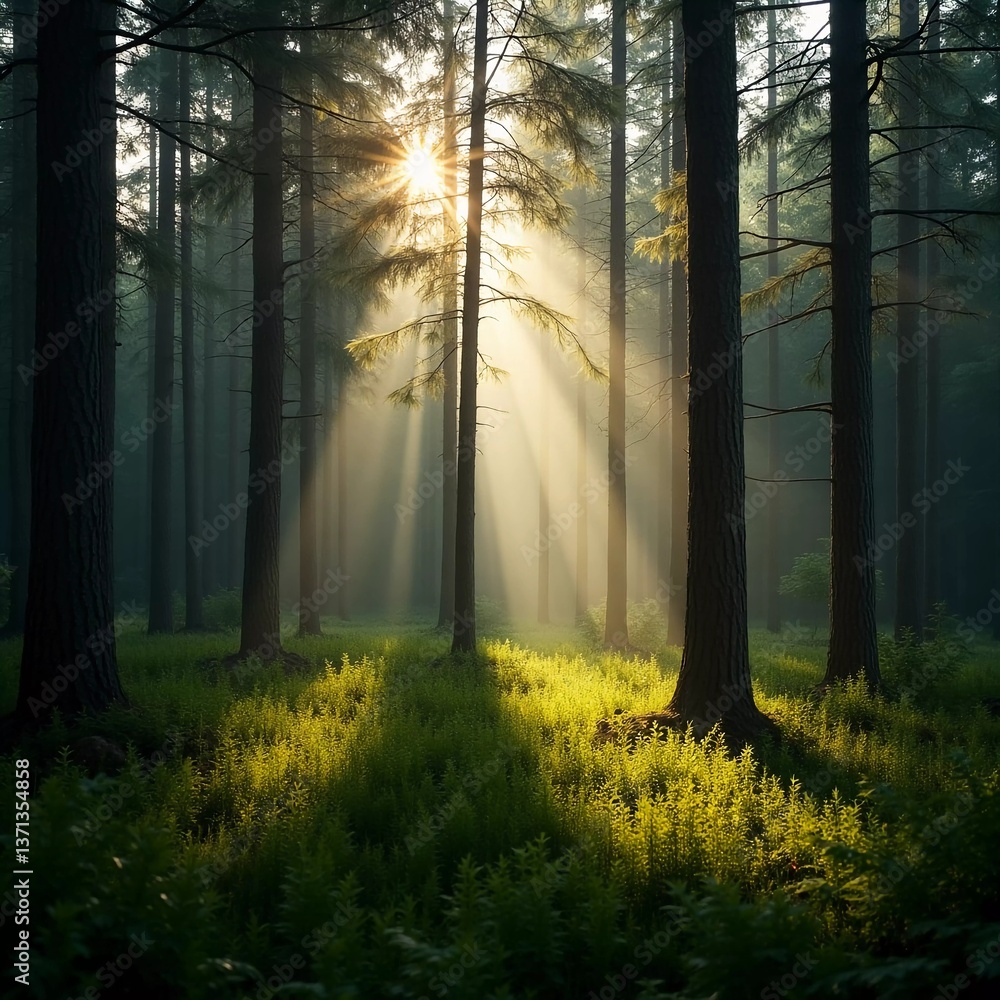 Poster golden rays pour through towering fir trees, illuminating vibrant greenery in a peaceful coniferous 