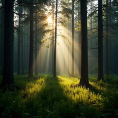 Golden rays pour through towering fir trees, illuminating vibrant greenery in a peaceful coniferous forest on a summer afternoon. Nature thrives in this tranquil setting Generative AI