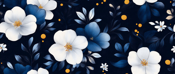 a seamless floral pattern with blue and white flowers on a dark navy background, featuring delicate foliage and small yellow dots.