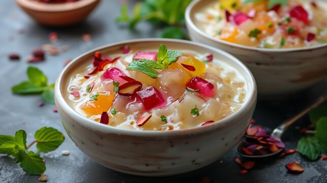 Pakistani doodh dulari colorful milk based dessert jelly and nuts served in white bowl