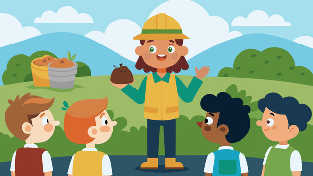 A landfill worker explaining the benefits of ane capture to a group of curious students on a field trip.. Vector illustration