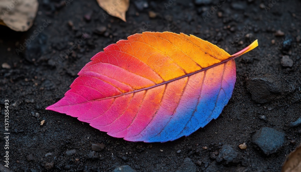 Poster colorful leaf resting on dark soil displaying autumn hues during a serene nature moment in a forest 
