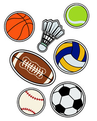 Sticker, fruit elements tennis ball, basketball, shuttlecock, rugby ball, volleyball, baseball.