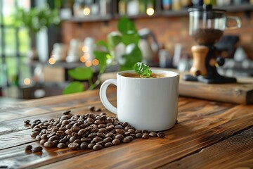 Coffee beans grinder mug on barista workstation for coffee shop grand opening wish card blank area in the center