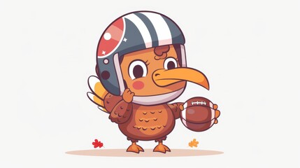 Fototapeta premium A cartoon turkey wearing an American football helmet and holding a football, vector logo design on a white background, simple icon style, t-shirt print design, no shadows, cute cartoon character