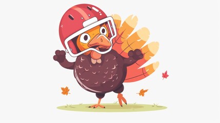 Fototapeta premium A cartoon turkey wearing an American football helmet and holding a football, vector logo design on a white background, simple icon style, t-shirt print design, no shadows, cute cartoon character