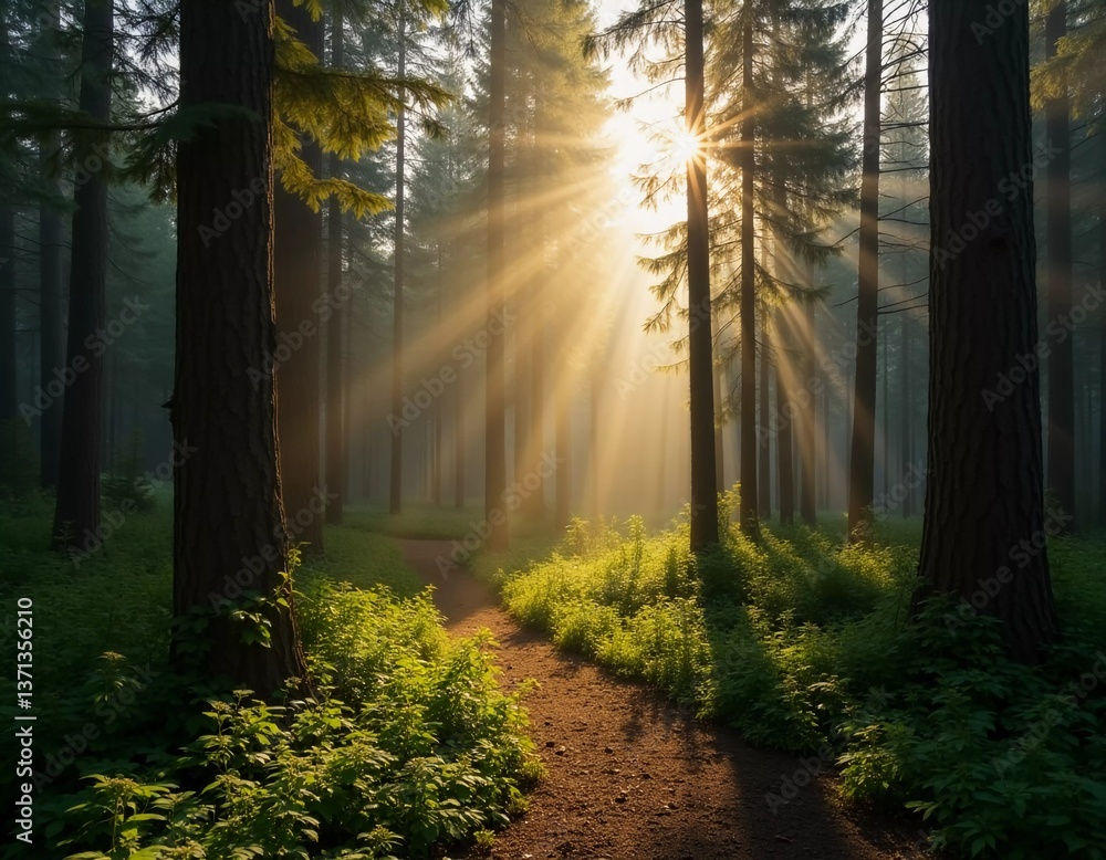 Poster rays of sunlight break through the dense canopy of towering fir trees, illuminating a vibrant summer