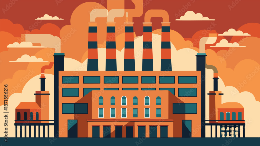 Poster a massive building with rows of tall smokestacks churning out energy with the help of steam coal.. v