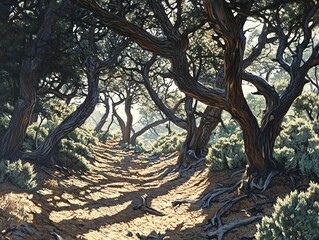 Walking a Shady Forest Trail with Rustic Trees and Sunlight