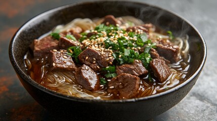 A close-up of a bowl filled with stir-fried glass noodles topped with tender beef, green onions, and sesame seeds
