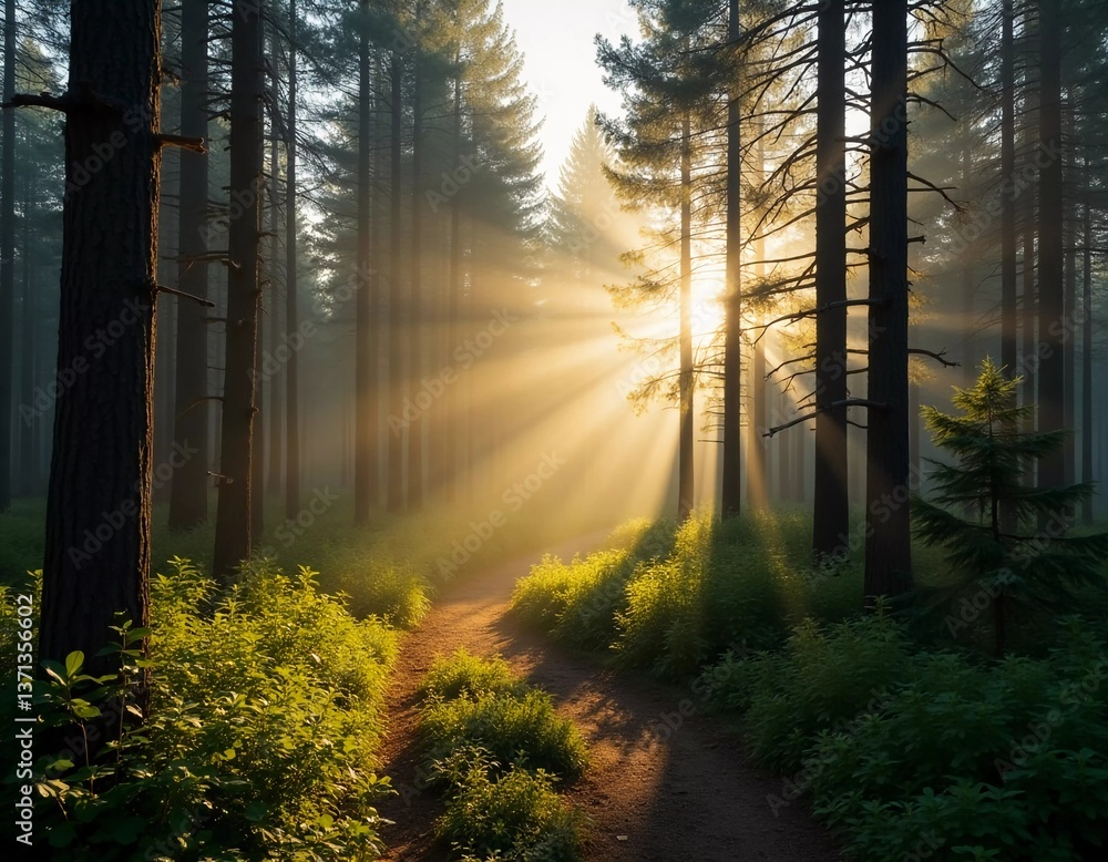 Poster golden rays filter through tall fir trees in a vibrant coniferous forest. sunlight dances on the und