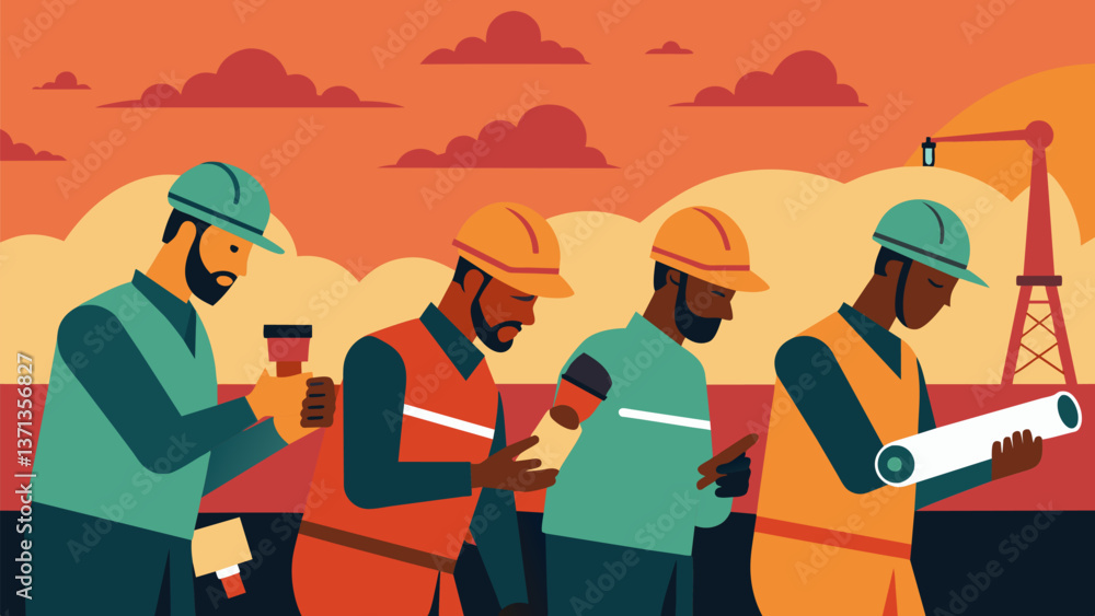 Poster a line of workers in hard hats cautiously drawing samples from a pipeline carrying crude oil with th