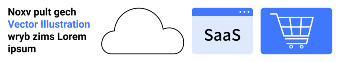 Cloud shape representing online storage, SaaS browser window, and shopping cart icon. Ideal for SaaS platforms, e-commerce, digital transformation, cloud services, online business, tech products