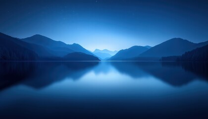 Majestic night view over calm lake reflecting mountains under starlit sky during twilight in the serene wilderness