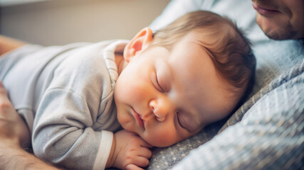 A newborn Baby sleeping on father's chest with gentle lighting