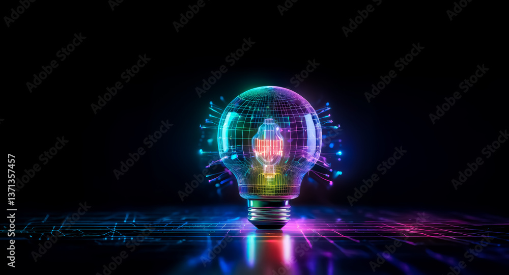 Poster a glowing lightbulb with digital circuit patterns emits vibrant neon colors on a dark surface, repre