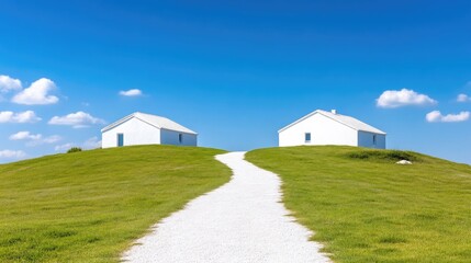 White Houses Green Hills Bright Daytime Photography Winding Path Serenity Peaceful Blue Sky Tranquil Minimalist Design