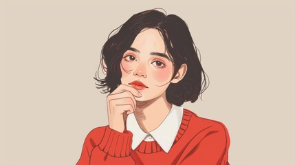 A thoughtful young woman in a stylish red sweater contemplates her choices in a minimalistic, modern 3D illustration.