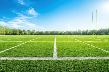 A bright, open football field with green grass, white lines, and goalposts under a clear blue sky.