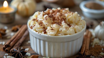 Portuguese arroz doce cinnamon topped rice pudding served a white dessert bowl