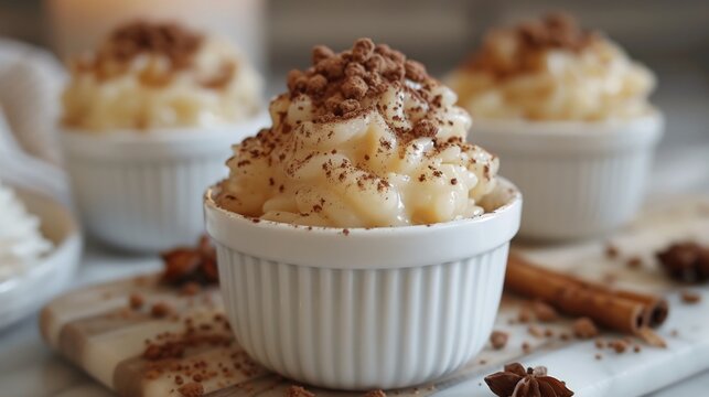 Portuguese arroz doce cinnamon topped rice pudding served a white dessert bowl