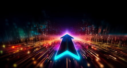 A luminous blue and purple arrow ascends against a dark backdrop, radiating bright streaks of light.  It evokes a sense of forward motion and digital energy.