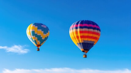 Fototapeta premium Hot Air Balloons Two vibrant High-resolution photography Wide shot Ascending flight Clear blue sky Bright cheerful Travel adventure