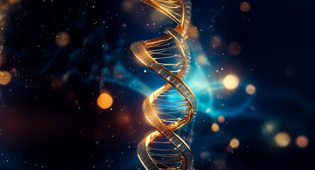 Golden DNA double helix structure spirals upwards on a dark blue backdrop. Bokeh lights and abstract smoke effect add depth and visual interest to the scientific imagery.