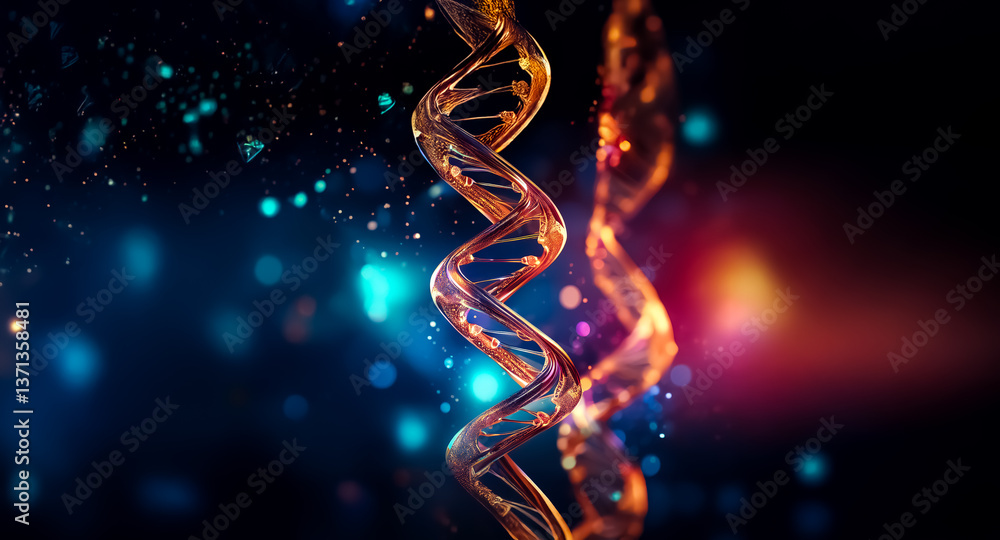 Poster abstract helix strands intertwine against a dark backdrop with bokeh lights, creating a science and 