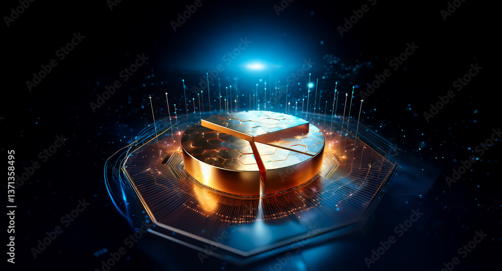 Poster futuristic golden pie chart with a missing slice on an octagonal platform. glowing blue light emanat