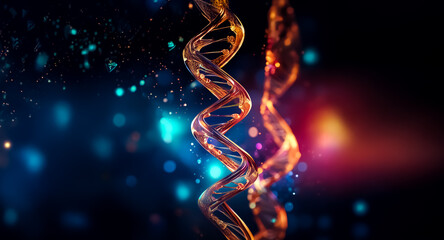 Obraz premium Abstract helix strands intertwine against a dark backdrop with bokeh lights, creating a science and technology aesthetic.